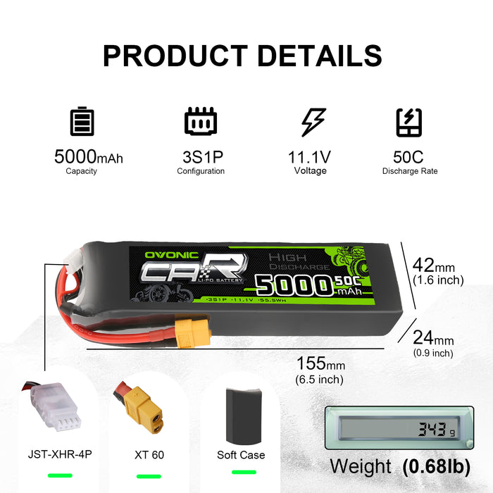 OVONIC 50C 11.1V 3S 5000mAh LiPo Battery with XT60 & Trx Plug for Slash/E-Revo/UDR/X-Maxx - Ovonicshop