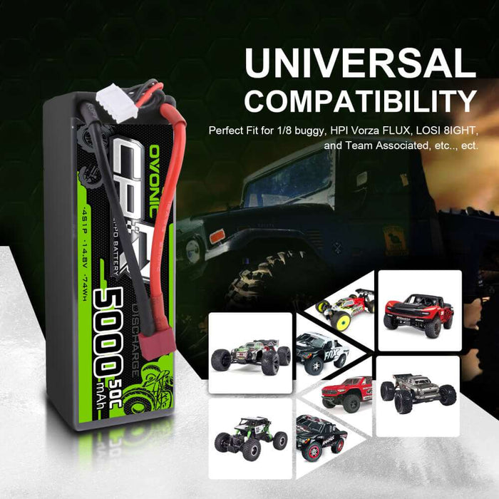 OVONIC 14.8V 5000mAh 4S 50C Hardcase LiPo Battery Pack with T Plug for 1/8 Buggy