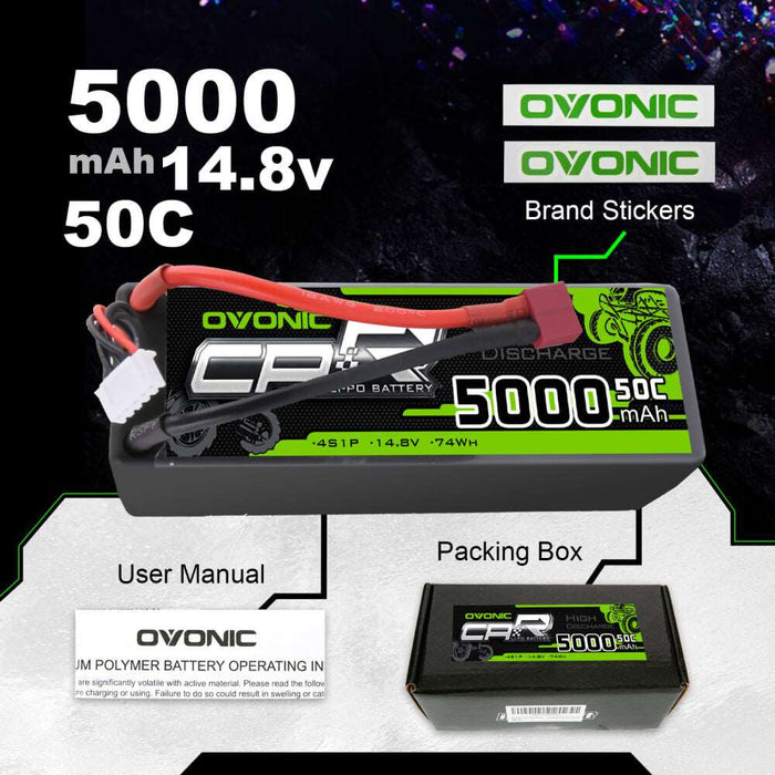 OVONIC 14.8V 5000mAh 4S 50C Hardcase LiPo Battery Pack with T Plug for 1/8 Buggy