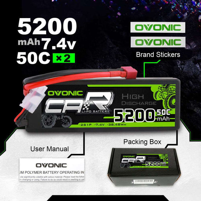 OVONIC 5200mAh 2S 7.4V 50C Hardcase Lipo Batteries Pack for 1:8 1:10 RC Car - T plug