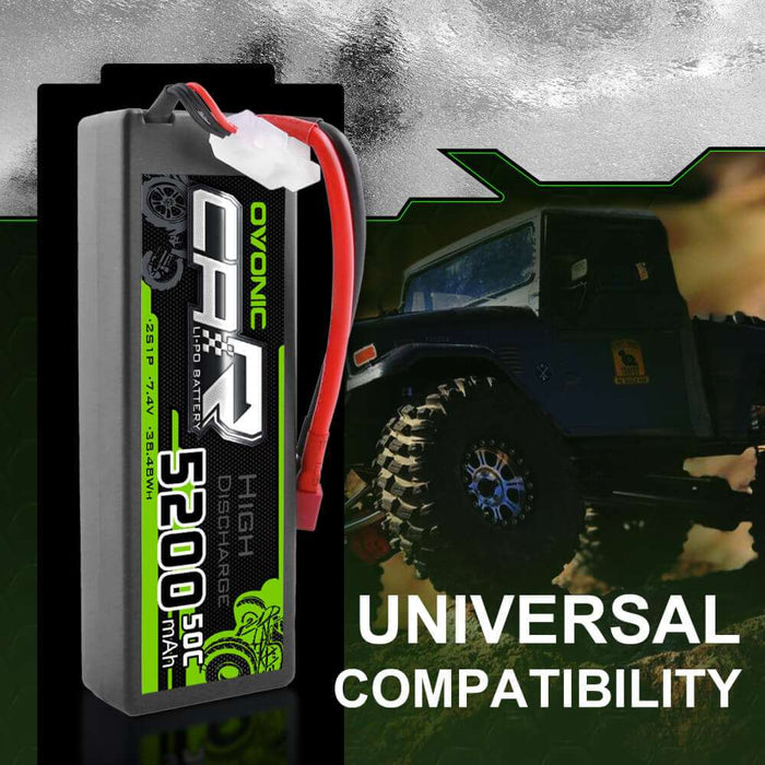 OVONIC 5200mAh 2S 7.4V 50C Hardcase Lipo Batteries Pack for 1:8 1:10 RC Car - T plug