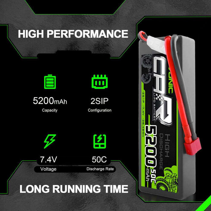OVONIC 5200mAh 2S 7.4V 50C Hardcase Lipo Batteries Pack for 1:8 1:10 RC Car - T plug