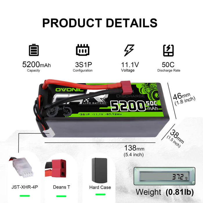 OVONIC 11.1V 3S 5200mAh 50C Hardcase Lipo Battery 13# with T Plug for RC Car Trucks - Ovonicshop