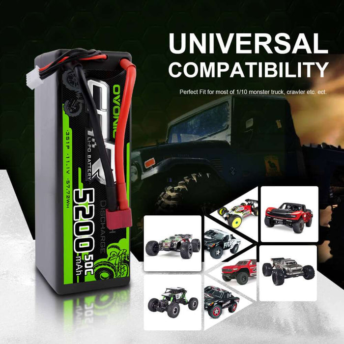 OVONIC 11.1V 3S 5200mAh 50C Hardcase Lipo Battery 13# with T Plug for RC Car Trucks