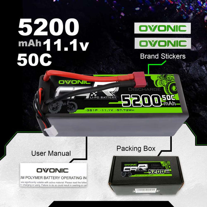 OVONIC 11.1V 3S 5200mAh 50C Hardcase Lipo Battery 13# with T Plug for RC Car Trucks