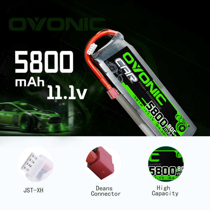 [2pcs] Ovonic 80C 3S 5800mAh 11.1V LiPo Battery for 1/10 Traxxas Losi Car- T Plug - Ovonicshop