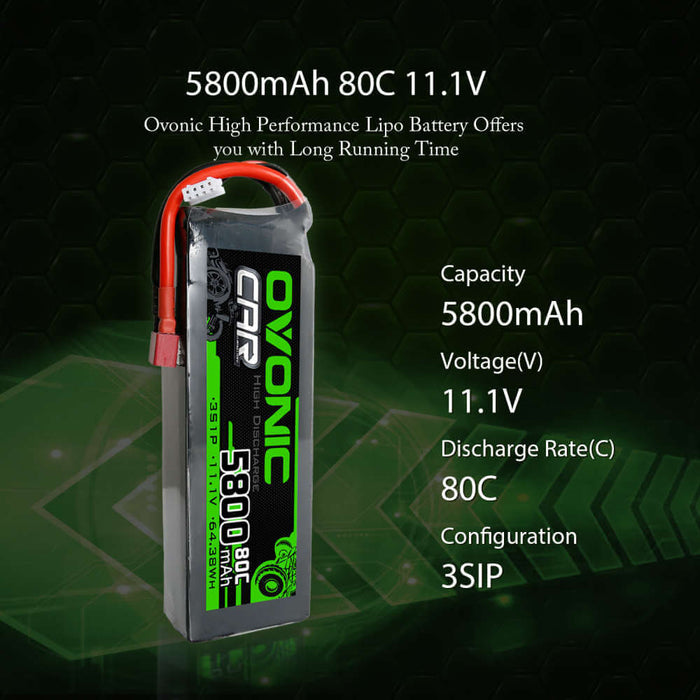 [2pcs] Ovonic 80C 3S 5800mAh 11.1V LiPo Battery for 1/10 Traxxas Losi Car- T Plug - Ovonicshop