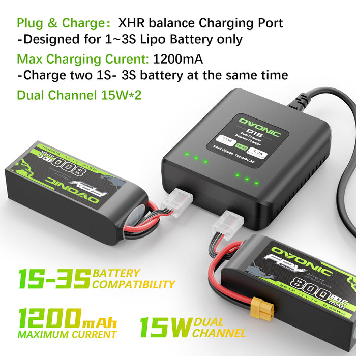 Ovonic 11.1 V 25C 2200mAh 3S1P 11.1V XT60 Plug Lipo Battery with D15 Dual 1.2A 1-3S LiPo Charger