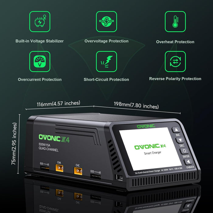Ovonic X4 AC500W 4 Channel Smart LiPo Battery Charger 15A Per Channel RC Car FPV Drone Multi Battery Charger with 3.5 Inch IPS Display for 1S to 6S LiPo and 3S to 18S NiMH