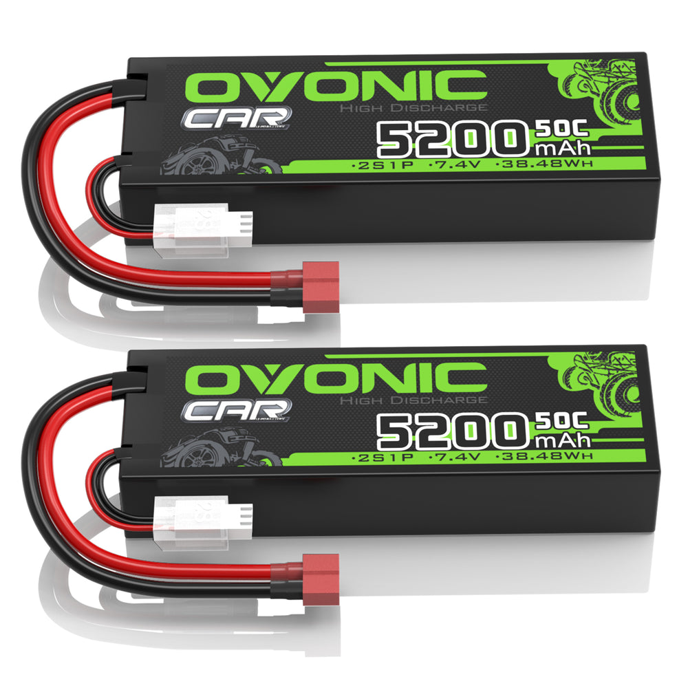 2x OVONIC 5200mAh 2S 7.4V 50C Hardcase Lipo Batteries Pack for 1:8 1:10 RC Car - T plug