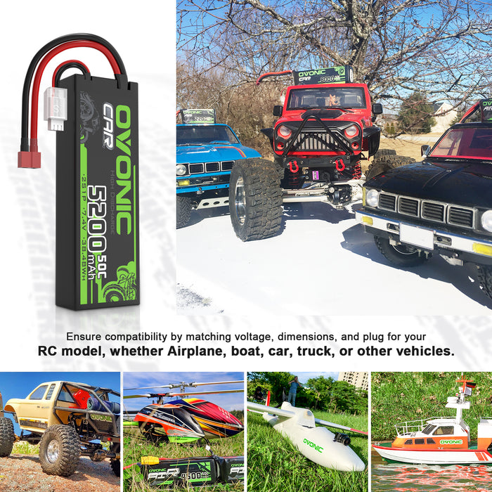 2x OVONIC 5200mAh 2S 7.4V 50C Hardcase Lipo Batteries Pack for 1:8 1:10 RC Car - T plug
