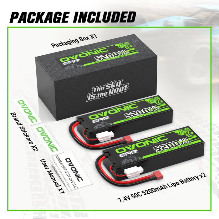 2x OVONIC 5200mAh 2S 7.4V 50C Hardcase Lipo Batteries Pack for 1:8 1:10 RC Car - T plug