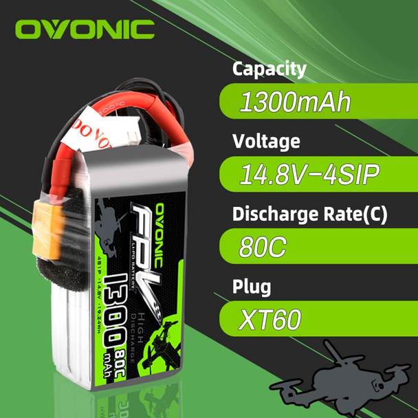 OVONIC 1300mAh 4S 14.8V 80C LiPo Battery with XT60 Plug for FPV - Ovonicshop