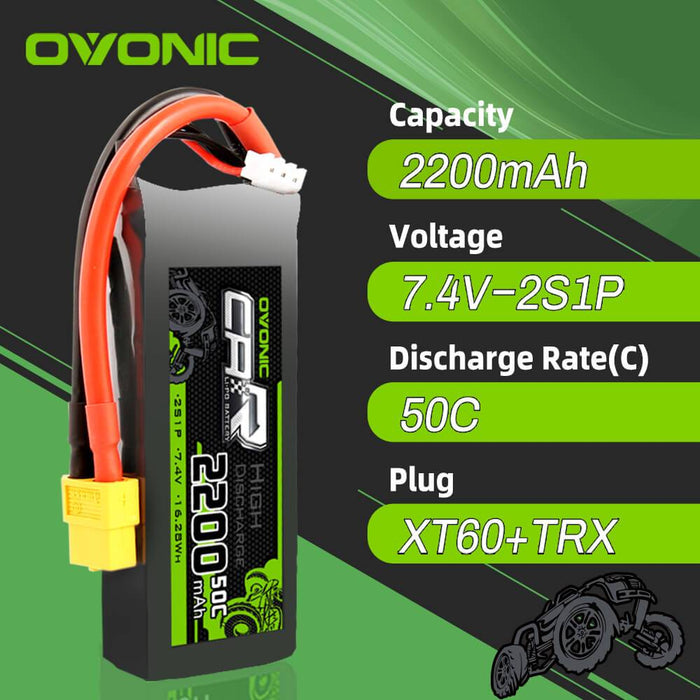 OVONIC 7.4V 2200mAh 2S 50C LiPo Battery with XT60 & Trx Plug for 1/16 1/18 Traxxas Cars - Ovonicshop