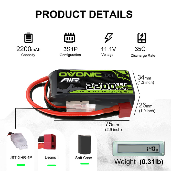 Ovonic 3S 2200mAh 35C 11.1V Short LiPo Battery Pack for Air Heli Drone - T Plug
