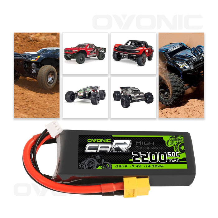OVONIC 7.4V 2200mAh 2S 50C LiPo Battery with XT60 & Trx Plug for 1/16 1/18 Traxxas Cars - Ovonicshop