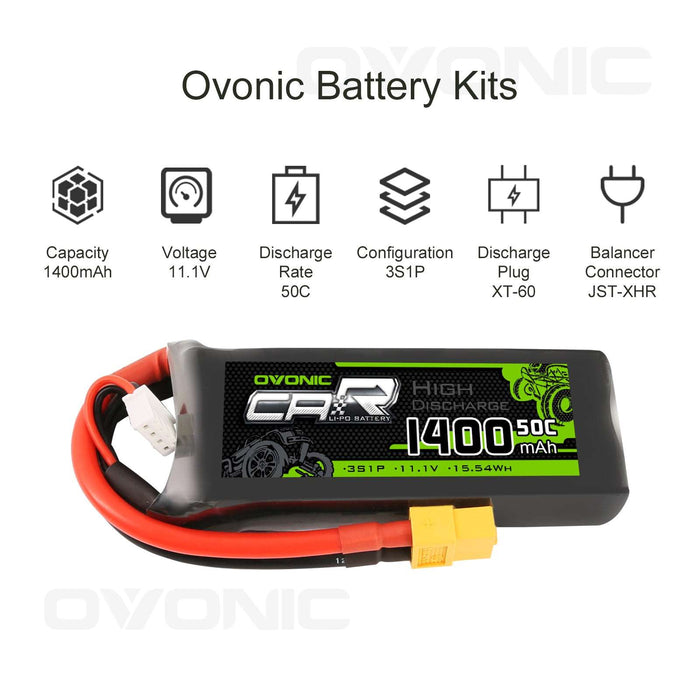 OVONIC 11.1V 1400mAh 3S 50C LiPo Battery with XT60 & Trx Plug for 1/16 Traxxas Cars - Ovonicshop