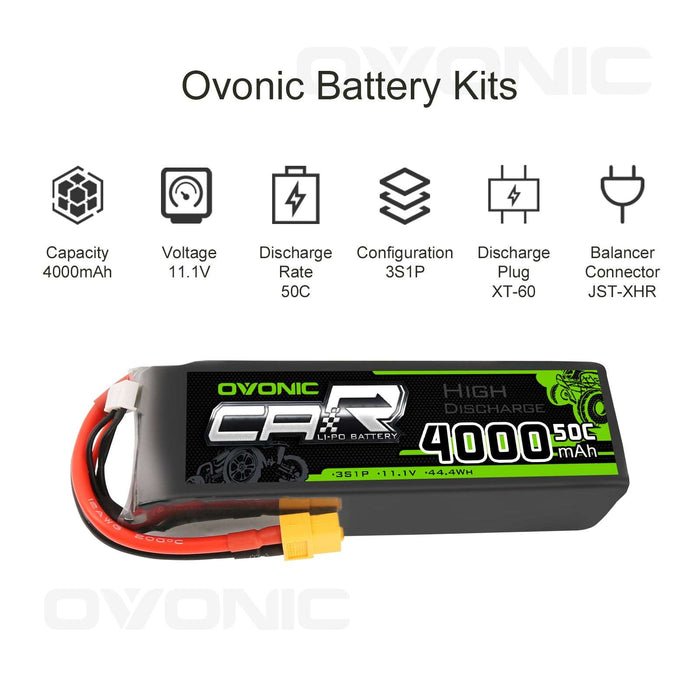 OVONIC 11.1V 50C 3S 4000mAh LiPo Battery with XT60 & Trx Plug for RC Traxxas Cars - Ovonicshop