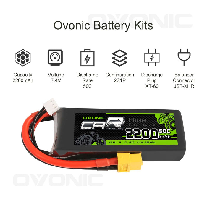 OVONIC 7.4V 2200mAh 2S 50C LiPo Battery with XT60 & Trx Plug for 1/16 1/18 Traxxas Cars - Ovonicshop