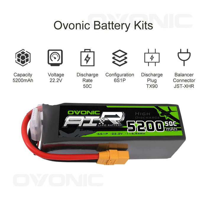 Ovonic 5200mAh 6S 22.2V 50C LiPo Battery Pack with XT90 Plug for X-Class Drone Airplane & Arrma 6S Truck - Ovonicshop