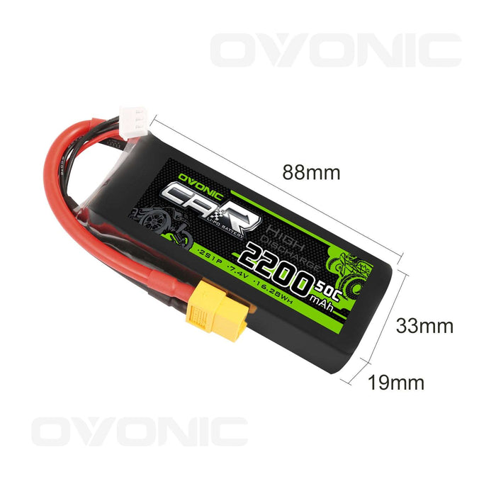 OVONIC 7.4V 2200mAh 2S 50C LiPo Battery with XT60 & Trx Plug for 1/16 1/18 Traxxas Cars - Ovonicshop