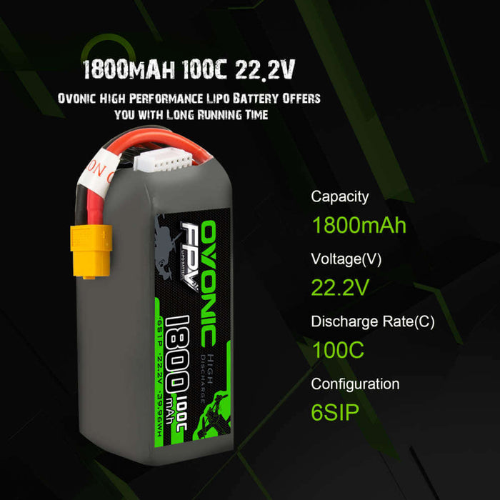 Ovonic 100C 6S 1800mAh 22.2V LiPo Battery for FPV - XT60 Plug - Ovonicshop