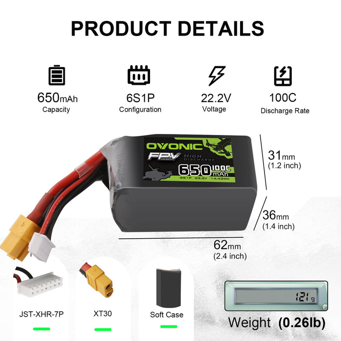 Ovonic 100C 22.2V 6S 650mAh XT30 LiPo Battery for Cinewhoops