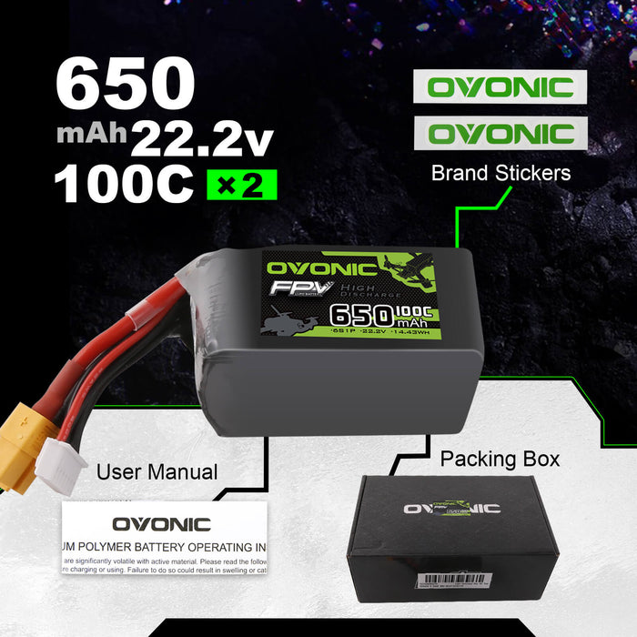 Ovonic 100C 22.2V 6S 650mAh XT30 LiPo Battery for Cinewhoops