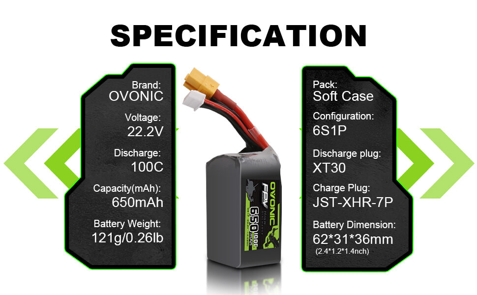Ovonic 100C 22.2V 6S 650mAh XT30 LiPo Battery for Cinewhoops