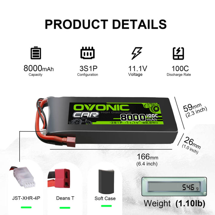 Ovonic 100C 11.1V 8000mAh 3S LiPo Battery for 1/8 and 1/10 car - T & XT60 Plug - Ovonicshop