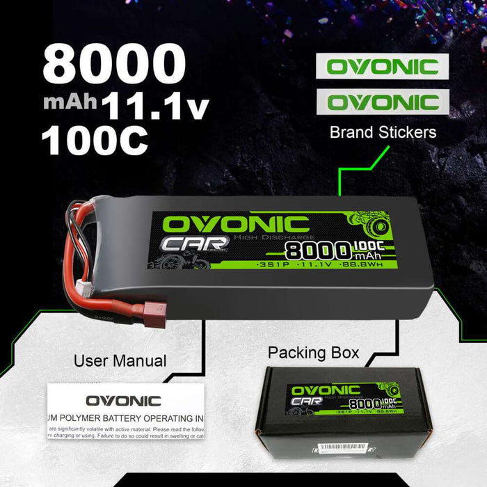 Ovonic 100C 11.1V 8000mAh 3S LiPo Battery for 1/8 and 1/10 car - T & XT60 Plug