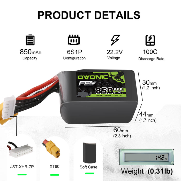 Ovonic 100C 22.2V 6S 850mAh XT60 LiPo Battery for Cinewhoops