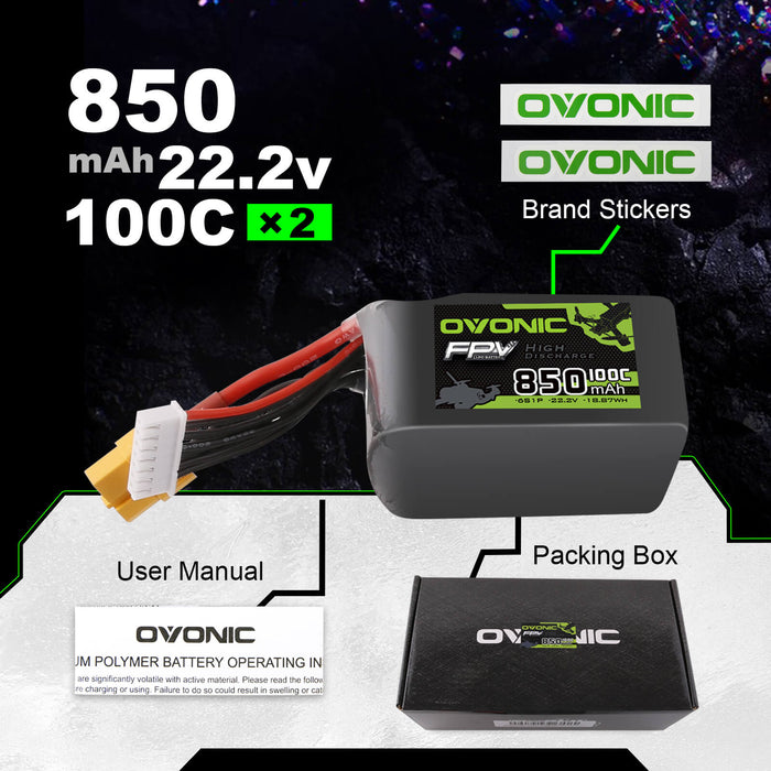 Ovonic 100C 22.2V 6S 850mAh XT60 LiPo Battery for Cinewhoops