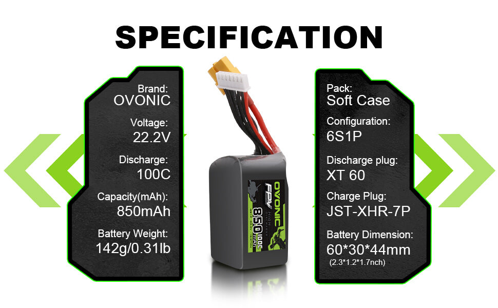 Ovonic 100C 22.2V 6S 850mAh XT60 LiPo Battery for Cinewhoops