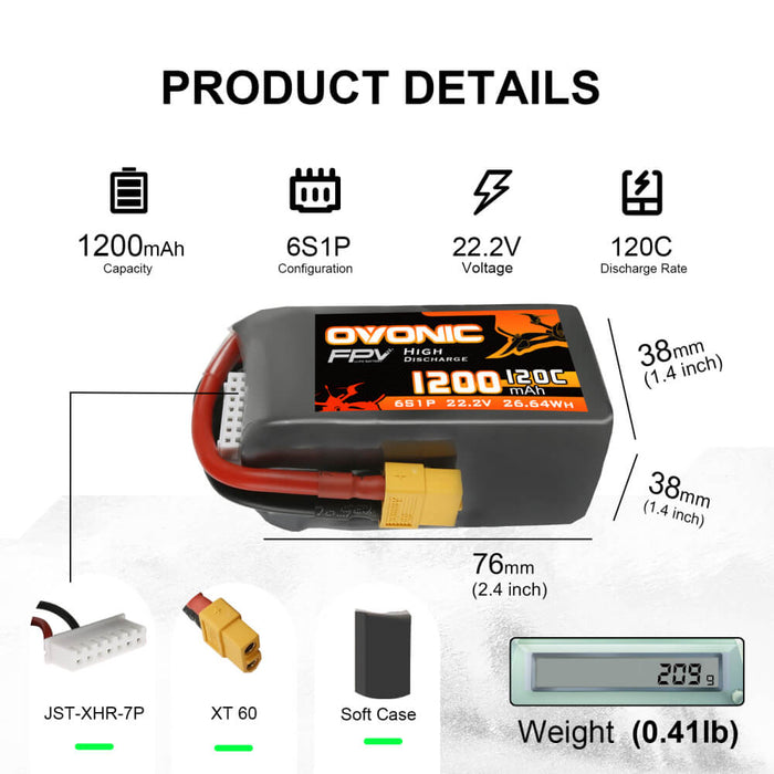 Ovonic 120C 22.2V 6S 1200mAh LiPo Battery with XT60 Plug for FPV Racing - Ovonicshop