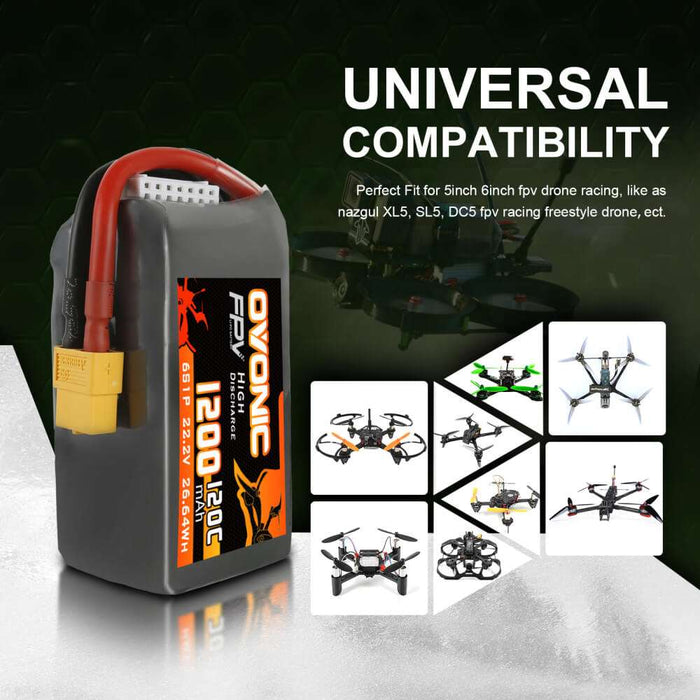 Ovonic 120C 22.2V 6S 1200mAh LiPo Battery with XT60 Plug for FPV Racing