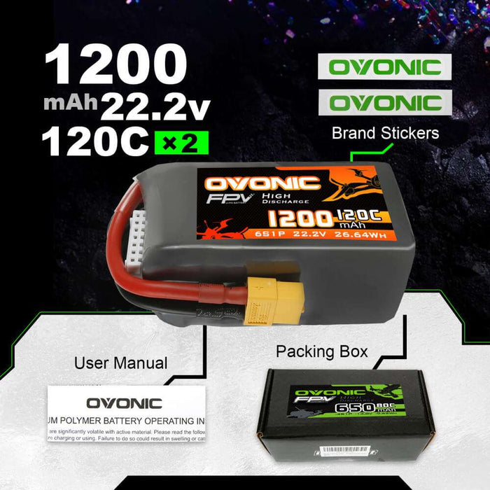 Ovonic 120C 22.2V 6S 1200mAh LiPo Battery with XT60 Plug for FPV Racing