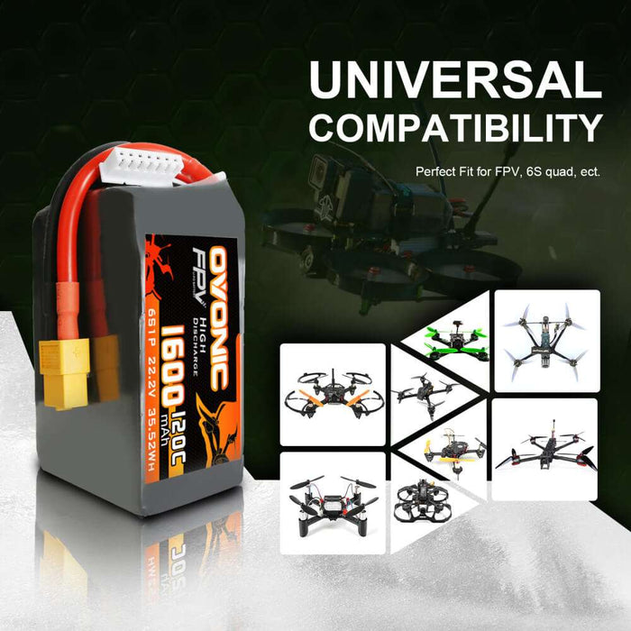 Ovonic 120C 22.2V 6S 1600mAh LiPo Battery for FPV Racing - XT60 Plug