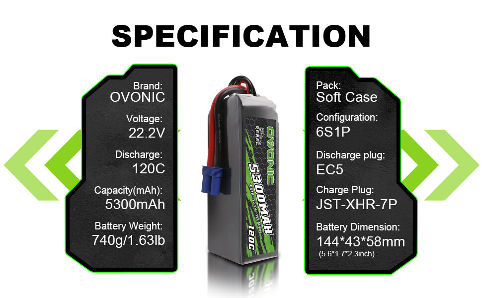 Ovonic Rebel 120C 6S 5300mAh 22.2V LiPo Battery with EC5 Plug for Arrma RC Car