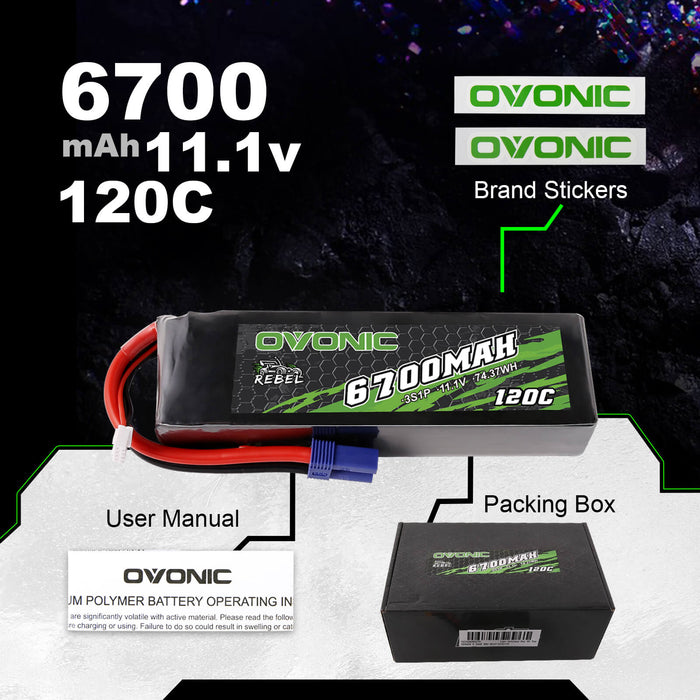 Ovonic 120C 11.1V 3S 6700mAh LiPo Battery for ARRMA Car - EC5 Plug