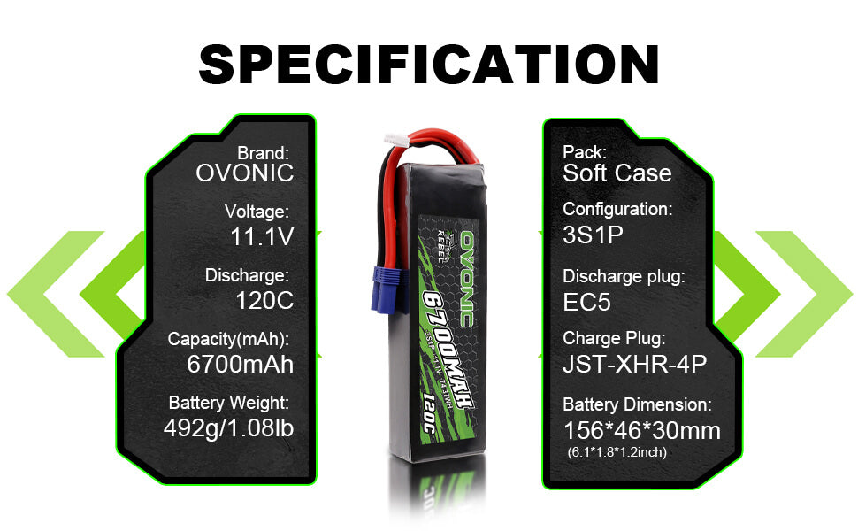 Ovonic 120C 11.1V 3S 6700mAh LiPo Battery for ARRMA Car - EC5 Plug