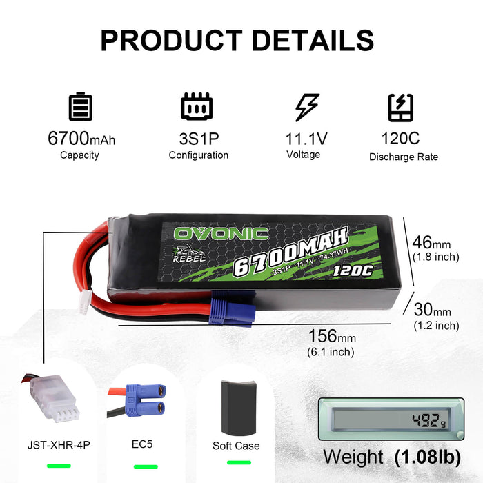 Ovonic 120C 11.1V 3S 6700mAh LiPo Battery for ARRMA Car - EC5 Plug
