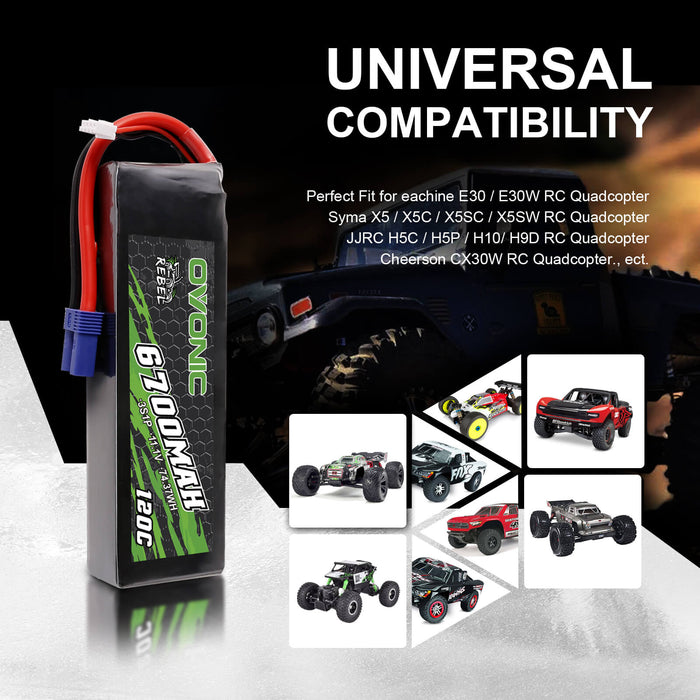 Ovonic 120C 11.1V 3S 6700mAh LiPo Battery for ARRMA Car - EC5 Plug