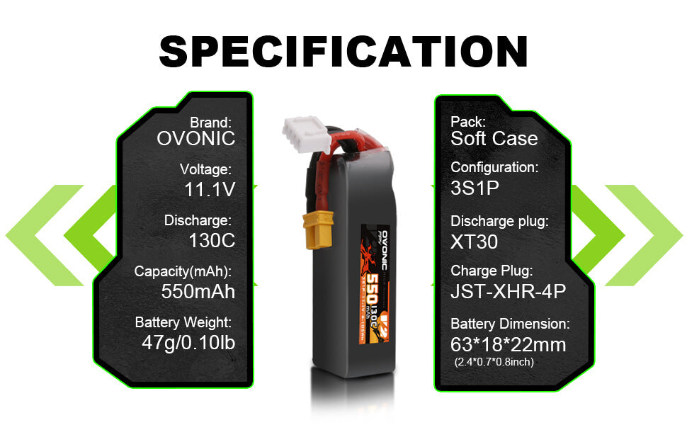 Ovonic 130C 11.1V 3S 550mAh LiPo Battery for FPV - XT30 Plug