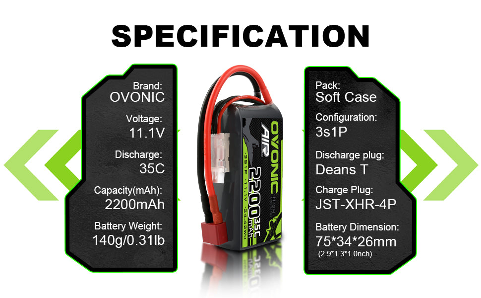 Ovonic 3S 2200mAh 35C 11.1V Short LiPo Battery Pack for Air Heli Drone - T Plug