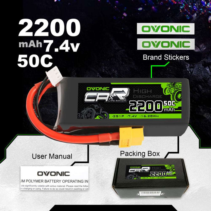 OVONIC 7.4V 2200mAh 2S 50C LiPo Battery with XT60 & Trx Plug for 1/16 1/18 Traxxas Cars