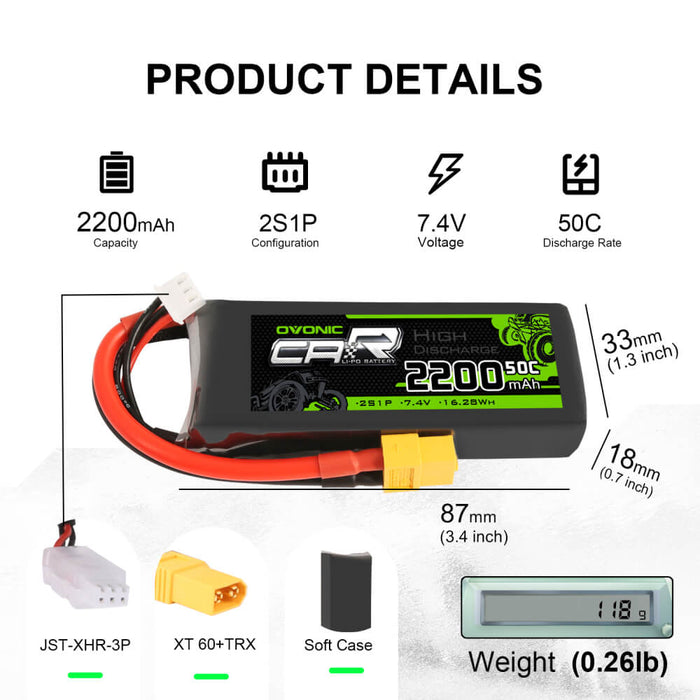 OVONIC 7.4V 2200mAh 2S 50C LiPo Battery with XT60 & Trx Plug for 1/16 1/18 Traxxas Cars - Ovonicshop
