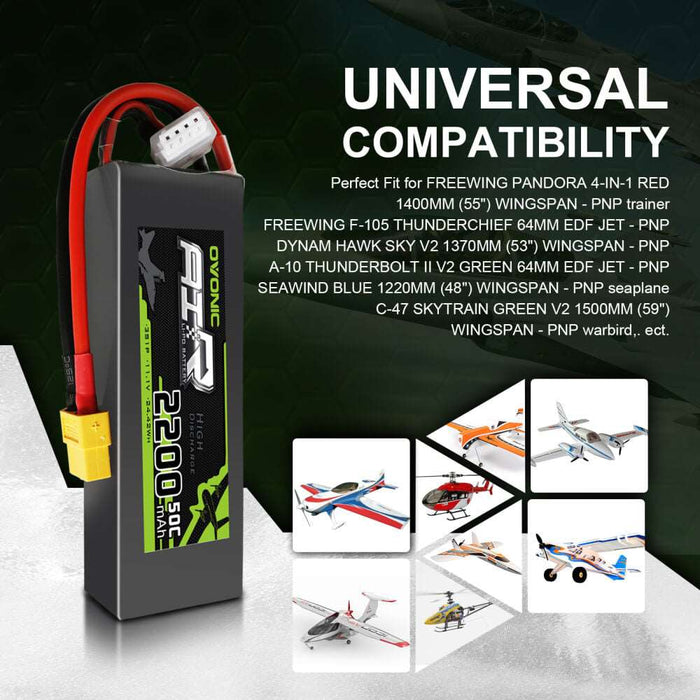 Ovonic 50C 11.1V 2200mAh 3S LiPo Battery Pack with T/ XT60 for Quad RC Airplane Heli Crawler