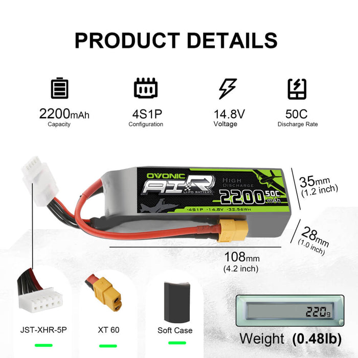 OVONIC 4S 2200mAh 14.8V 50C Lipo Battery with XT60 Plug for RC Boat Aircraft - Ovonicshop