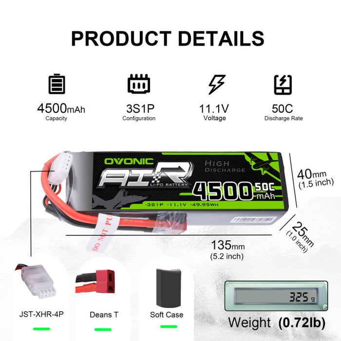 Ovonic 11.1V 50C 3S 4500mAh LiPo Battery Pack with T Plug for RC Heli Car - Ovonicshop
